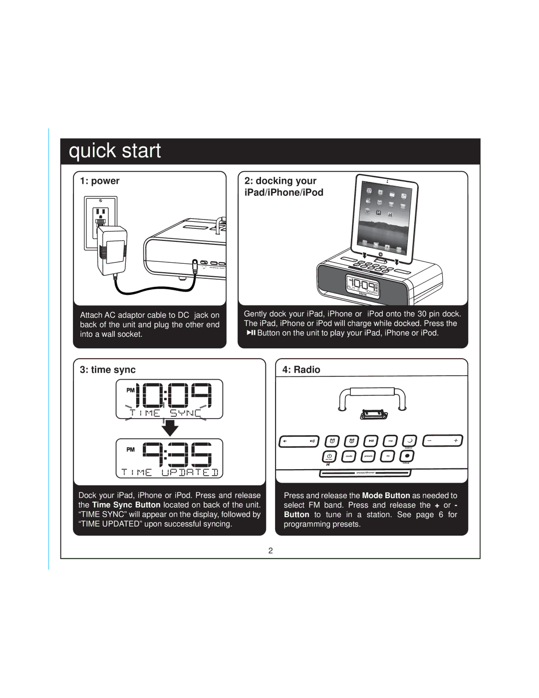 iHome ID91BZC manual Power Docking your IPad/iPhone/iPod, Time sync Radio 