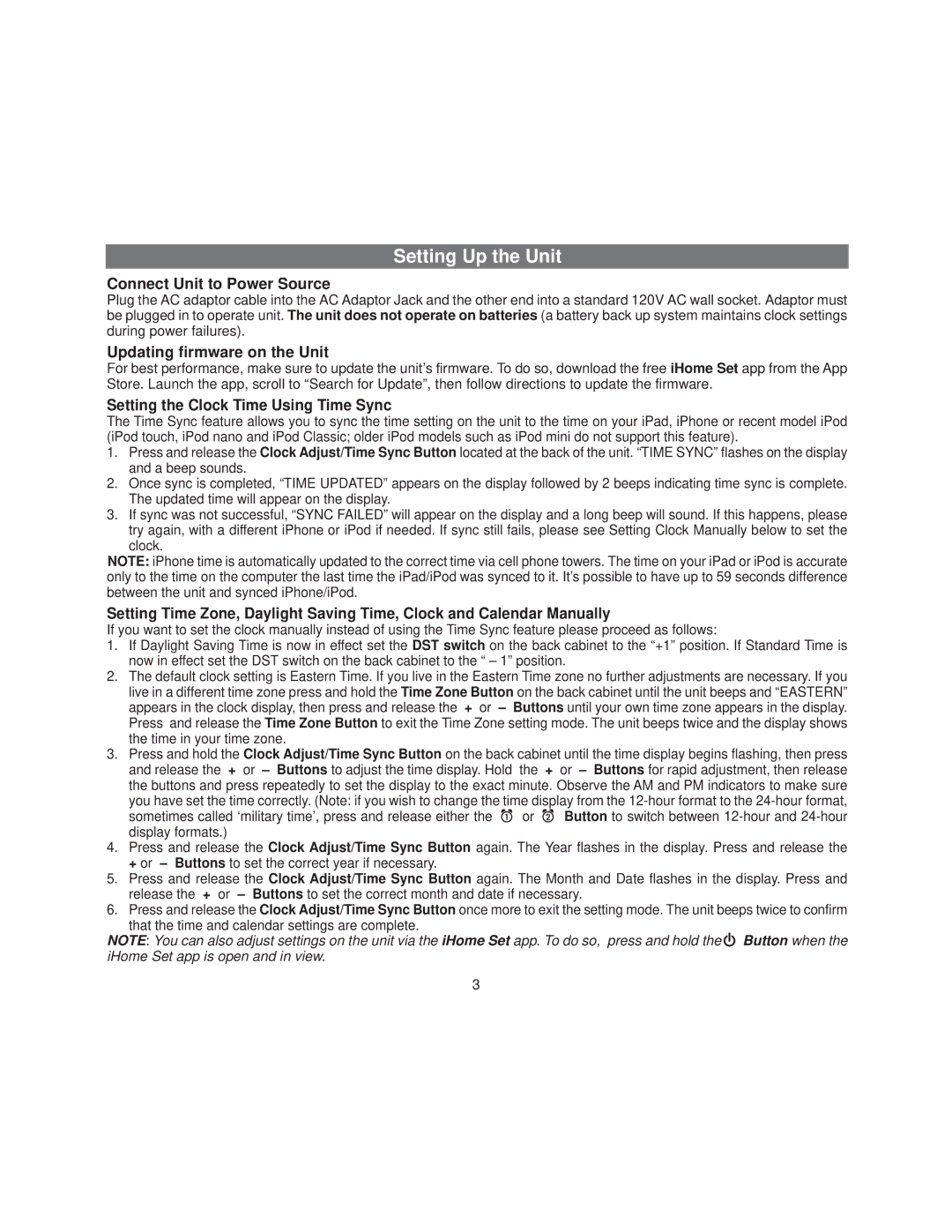 iHome ID91BZC manual Setting Up the Unit, Connect Unit to Power Source, Updating firmware on the Unit 