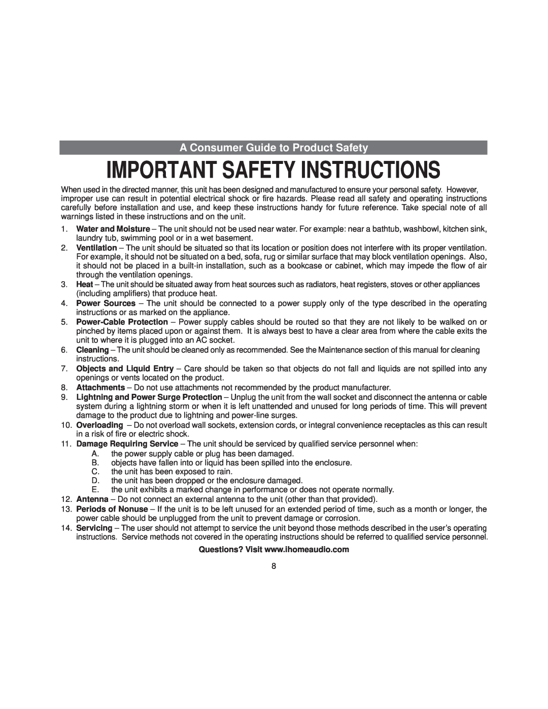 iHome ID91BZC manual Important Safety Instructions, A Consumer Guide to Product Safety 