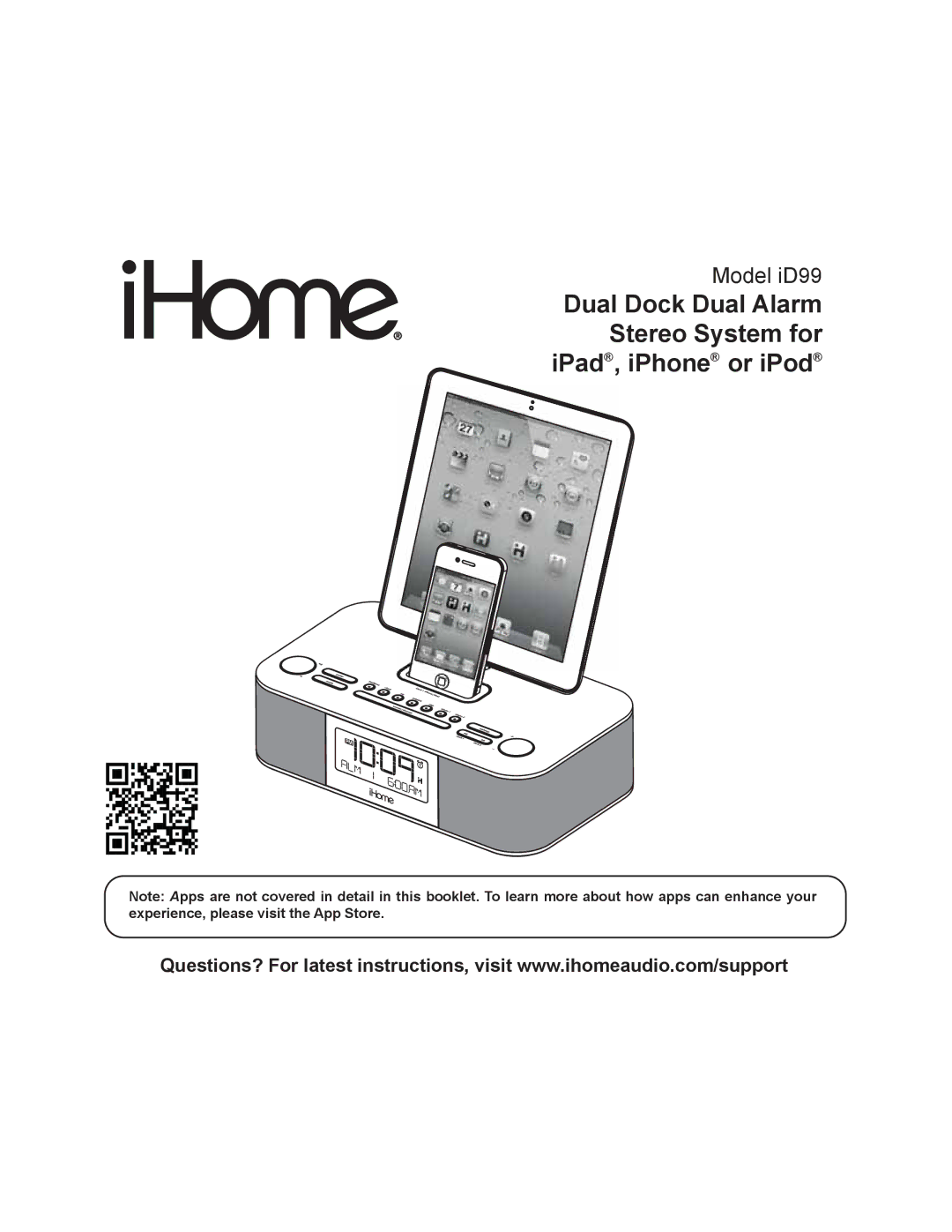 iHome iD99 manual Dual Dock Dual Alarm Stereo System for iPad, iPhone or iPod 