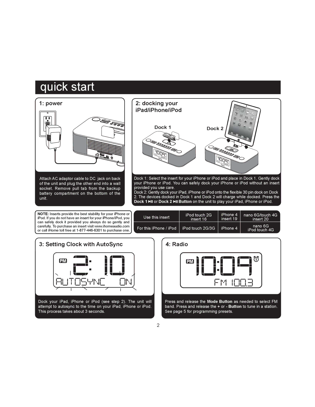 iHome iD99 manual Power Docking your IPad/iPhone/iPod, Setting Clock with AutoSync Radio 