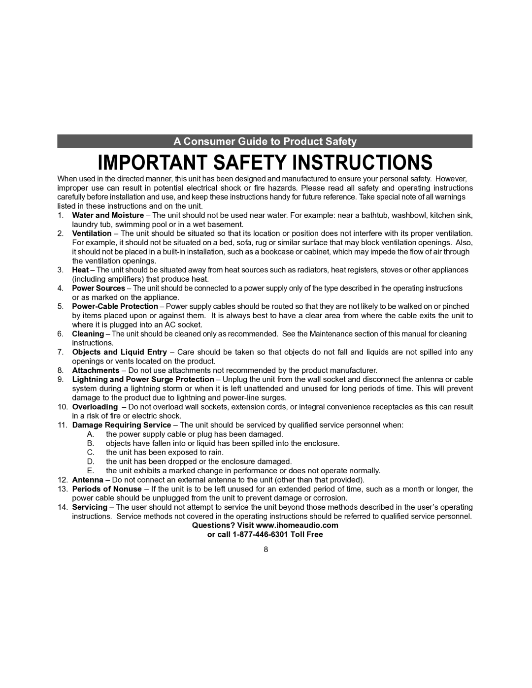 iHome iDL45 manual Important Safety Instructions, Consumer Guide to Product Safety 