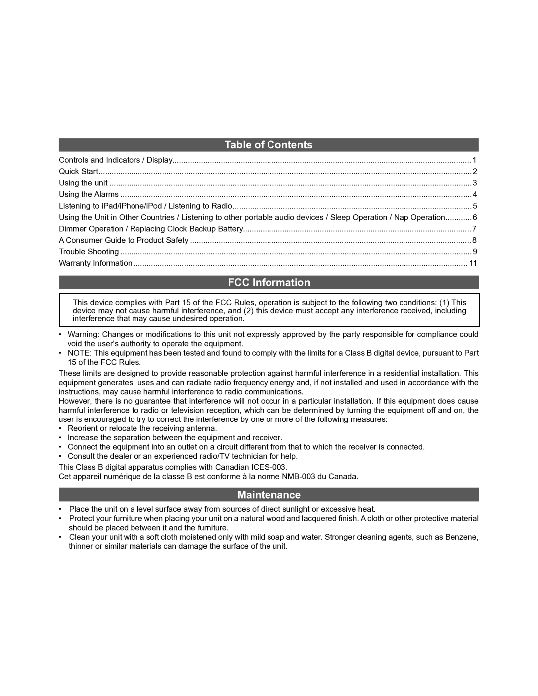 iHome iDL45 manual Table of Contents, FCC Information, Maintenance 