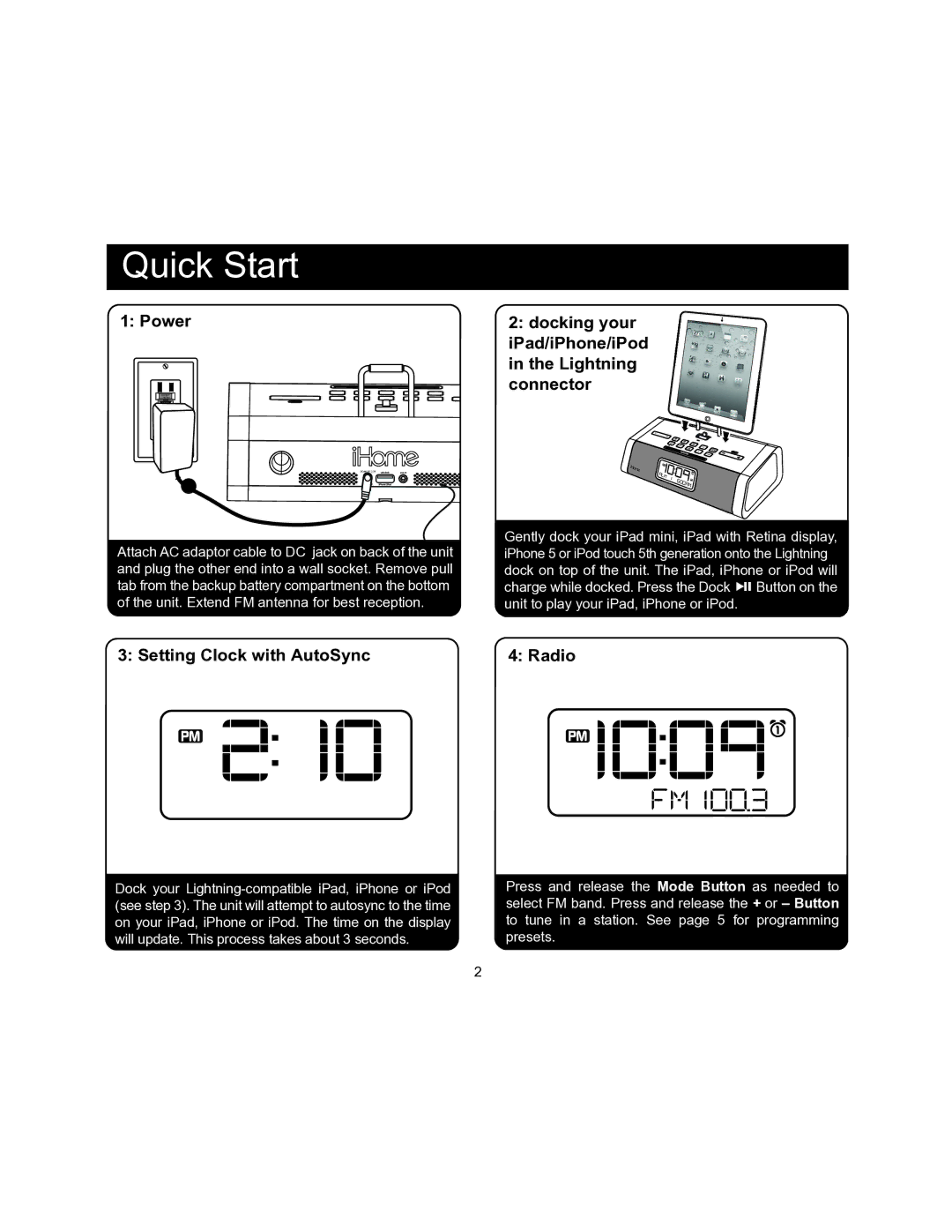 iHome iDL45 manual Power Docking your, Lightning, Connector, Setting Clock with AutoSync Radio 