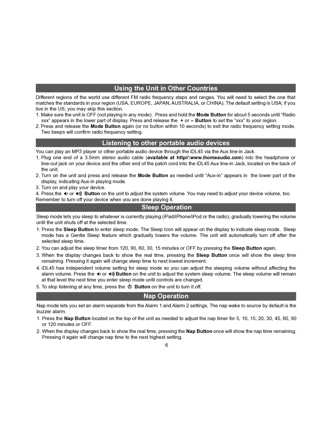 iHome iDL45 Using the Unit in Other Countries, Listening to other portable audio devices, Sleep Operation, Nap Operation 