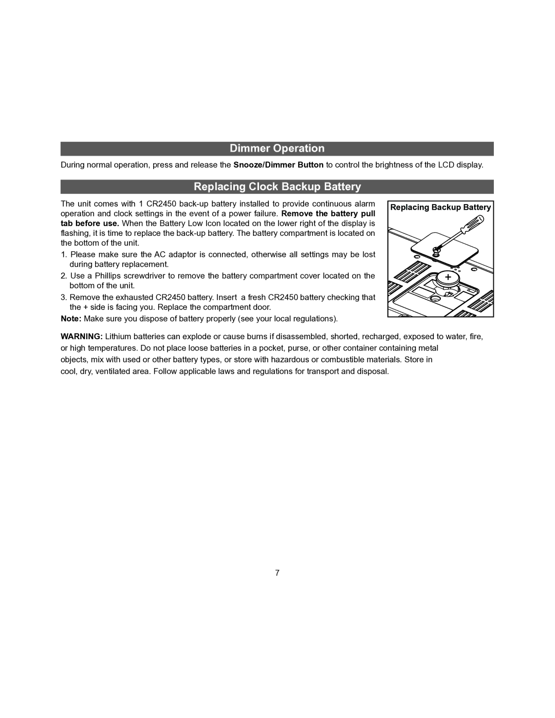 iHome iDL45 manual Dimmer Operation, Replacing Clock Backup Battery 