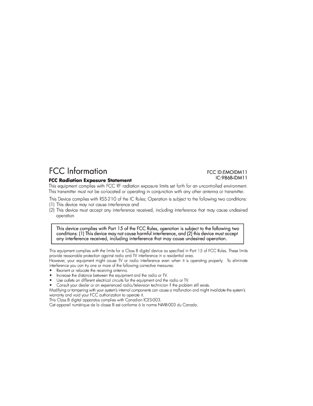 iHome iDM11 manual FCC Information, FCC Radiation Exposure Statement 