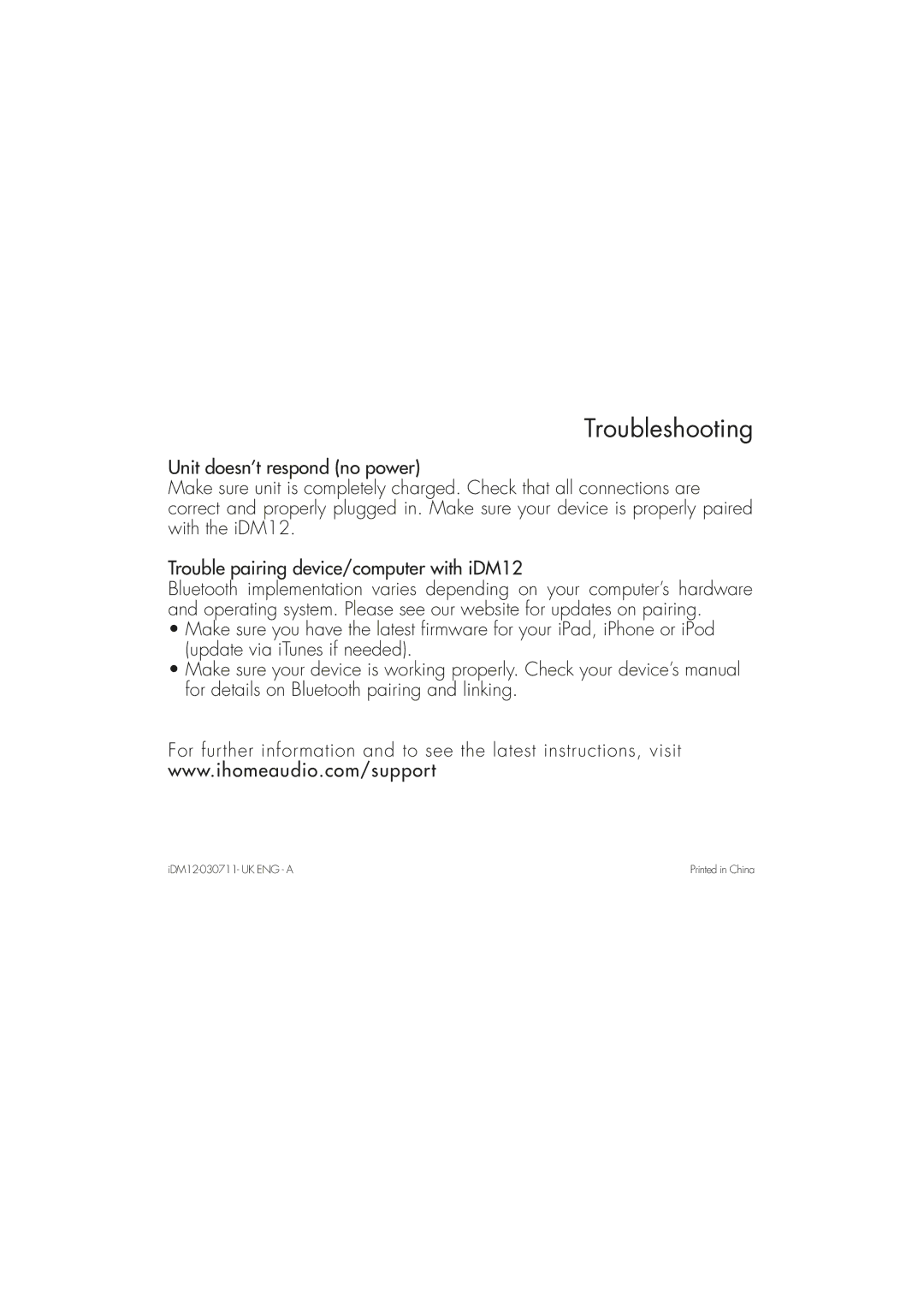 iHome IDM12 instruction manual Troubleshooting 