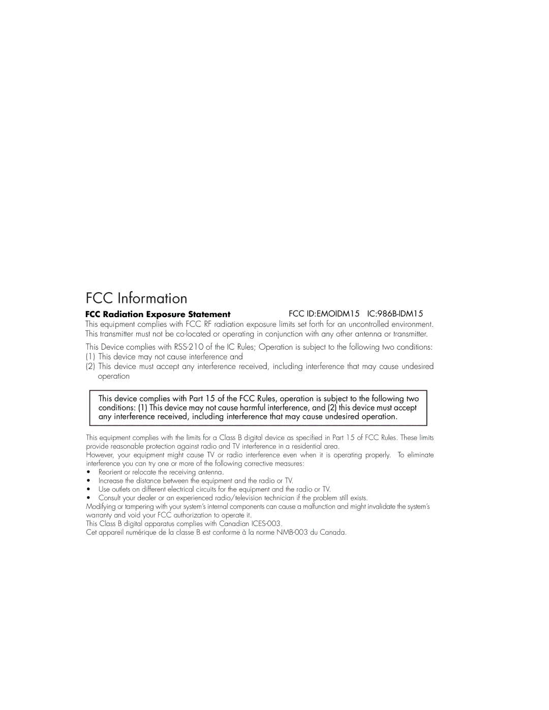 iHome iDM15 manual FCC Information 