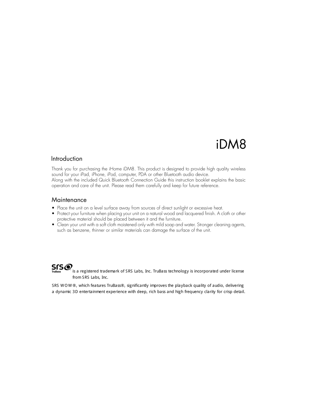 iHome iDM8 instruction manual Introduction, Maintenance 