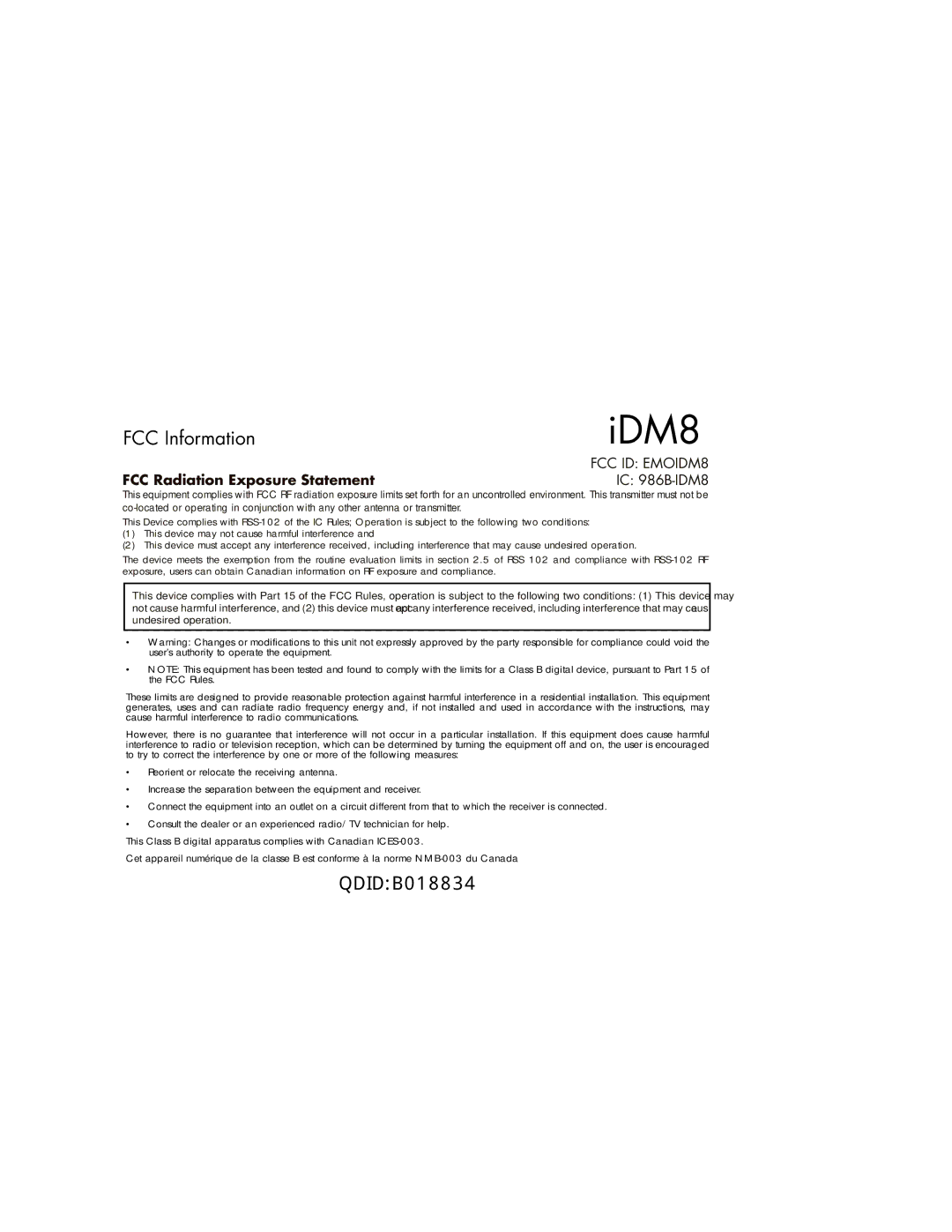 iHome iDM8 instruction manual IDM8, QDIDB018834 