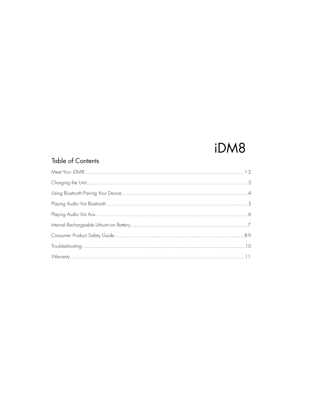 iHome iDM8 instruction manual Table of Contents 