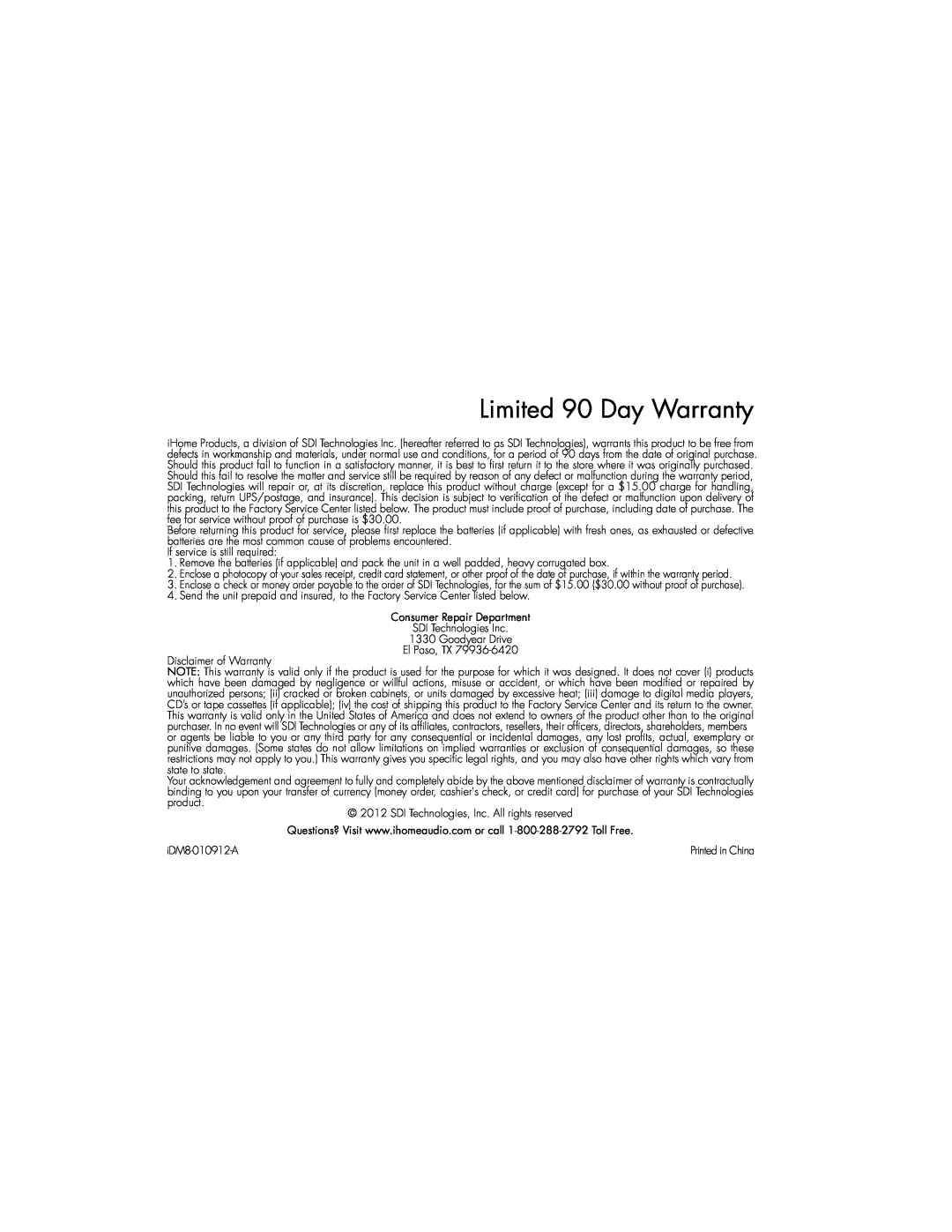 iHome iDM8 instruction manual Limited 90 Day Warranty 
