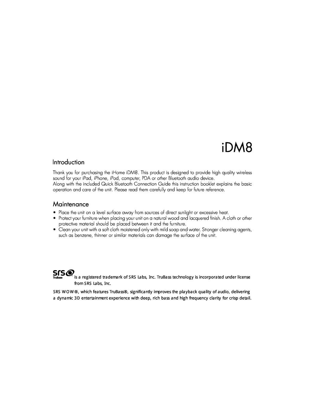 iHome iDM8 instruction manual Introduction, Maintenance 