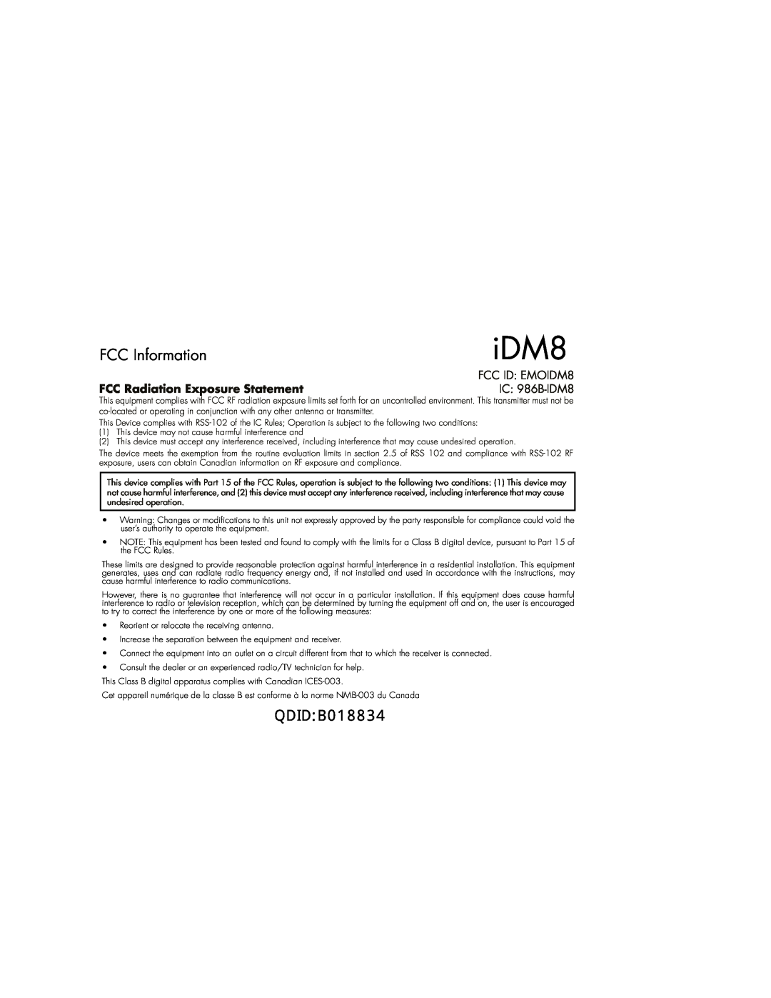 iHome iDM8 instruction manual QDID B018834, FCC Information, FCC Radiation Exposure Statement, FCC ID EMOIDM8, IC 986B-IDM8 