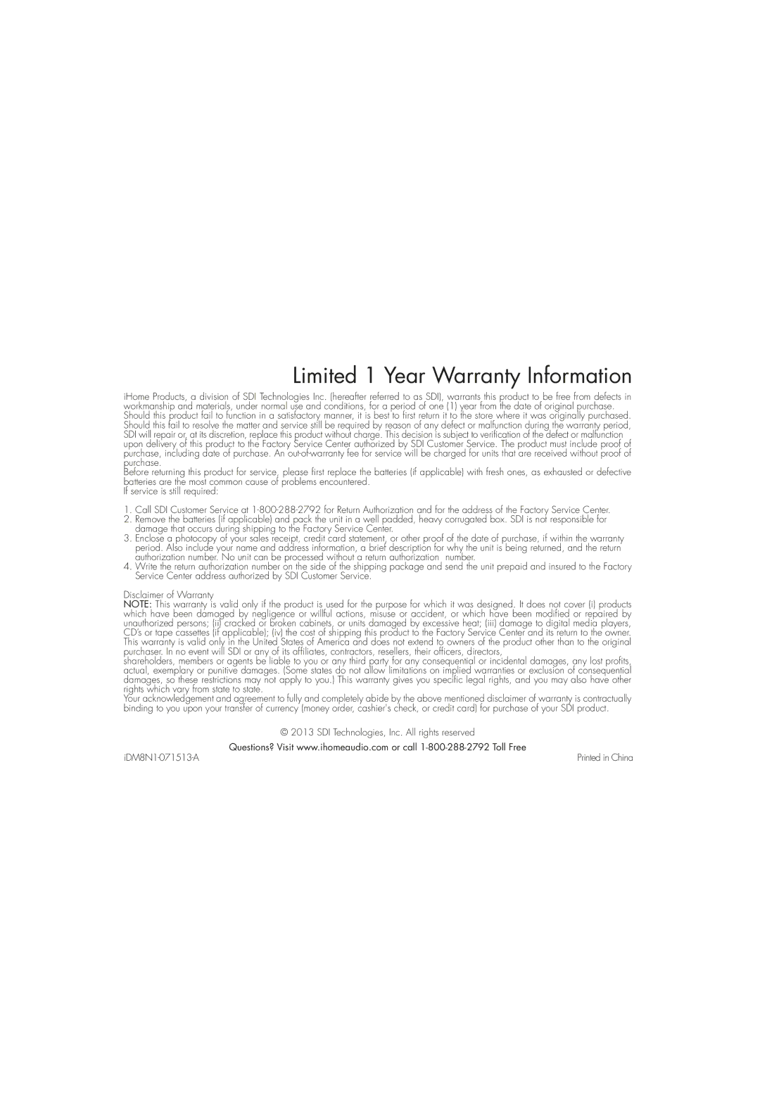 iHome iDM8N1 instruction manual Limited 1 Year Warranty Information 