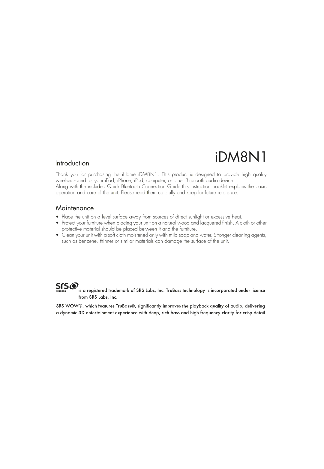 iHome iDM8N1 instruction manual Introduction, Maintenance 