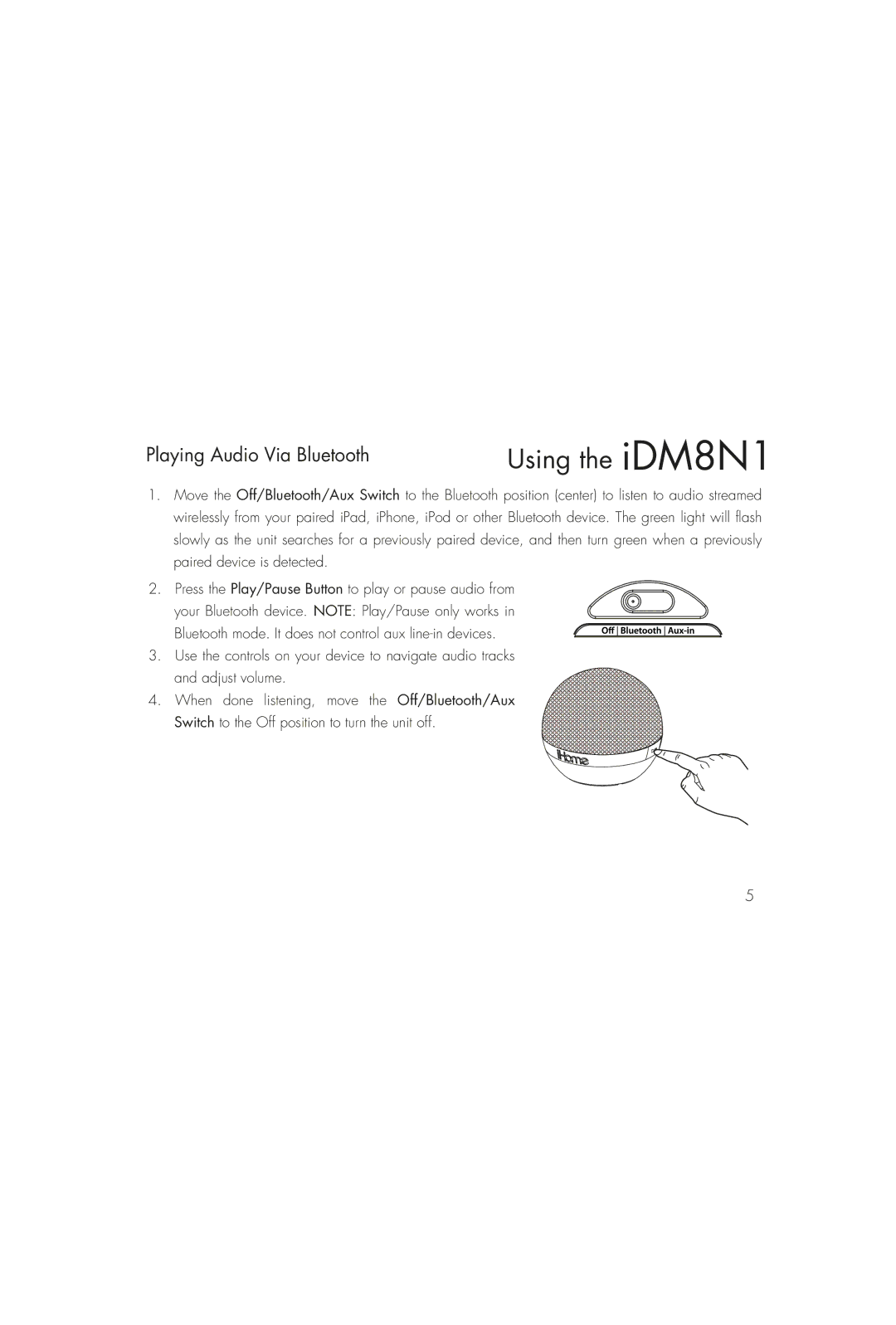 iHome iDM8N1 instruction manual Playing Audio Via Bluetooth 