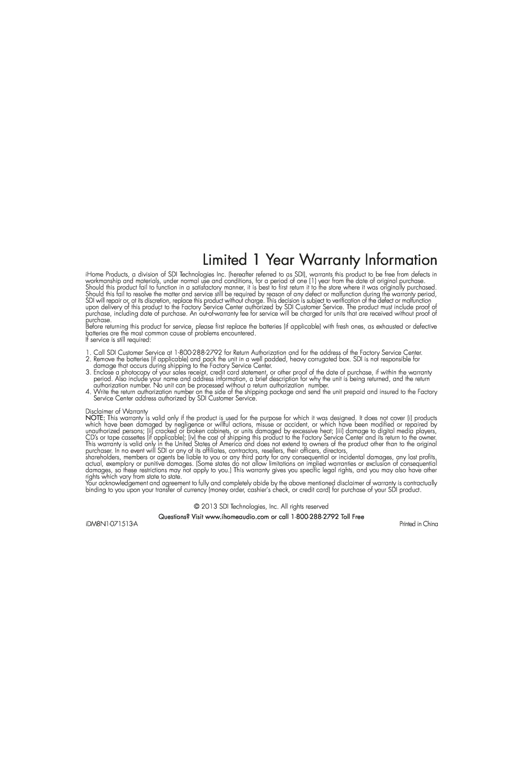 iHome iDM8N1 instruction manual Limited 1 Year Warranty Information 