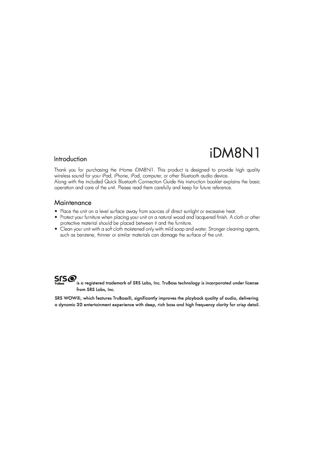 iHome iDM8N1 instruction manual Introduction, Maintenance 
