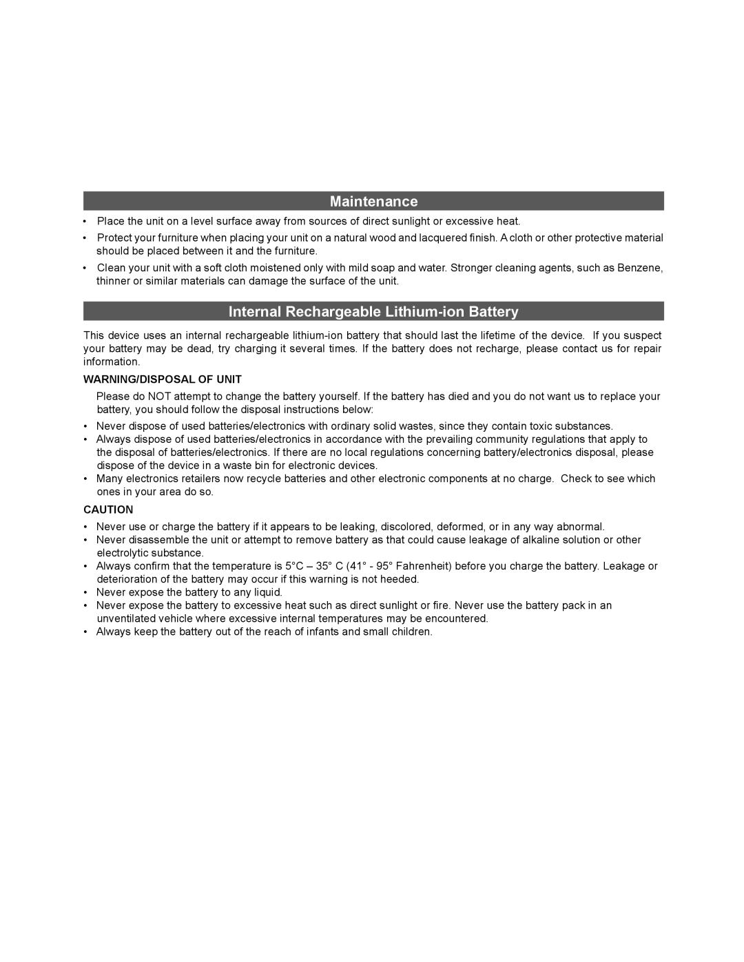 iHome iDN48 manual Maintenance, Internal Rechargeable Lithium-ion Battery 