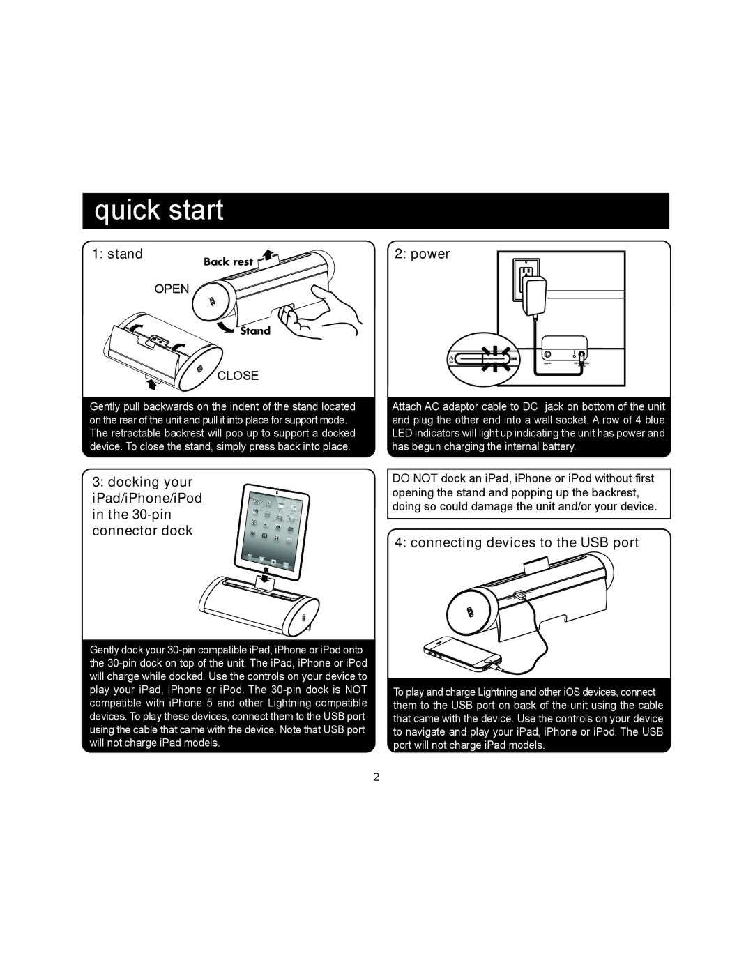 iHome iDN48 Stand, Power, Docking your iPad/iPhone/iPod in the 30-pin connector dock, Connecting devices to the USB port 