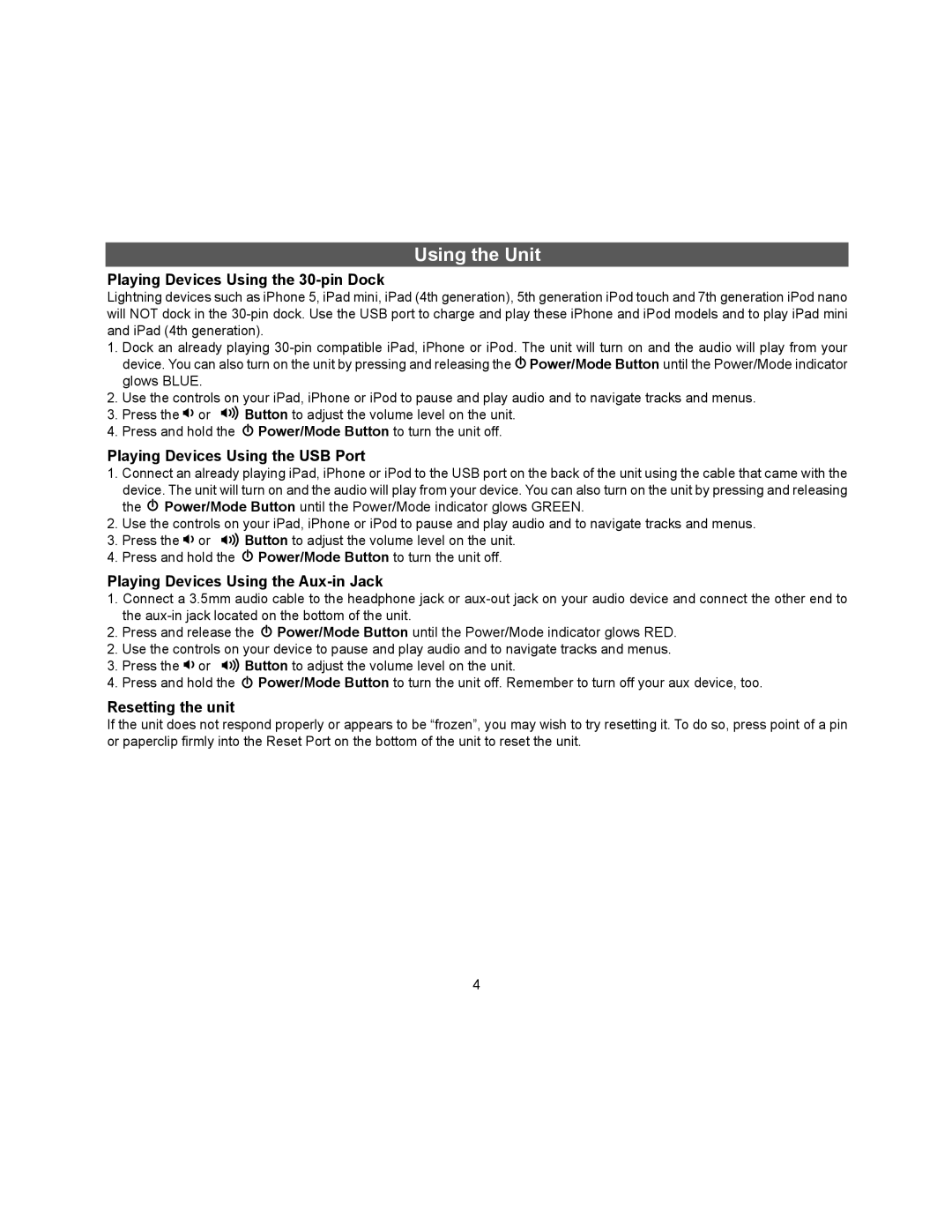 iHome iDN48 manual Playing Devices Using the 30-pin Dock 