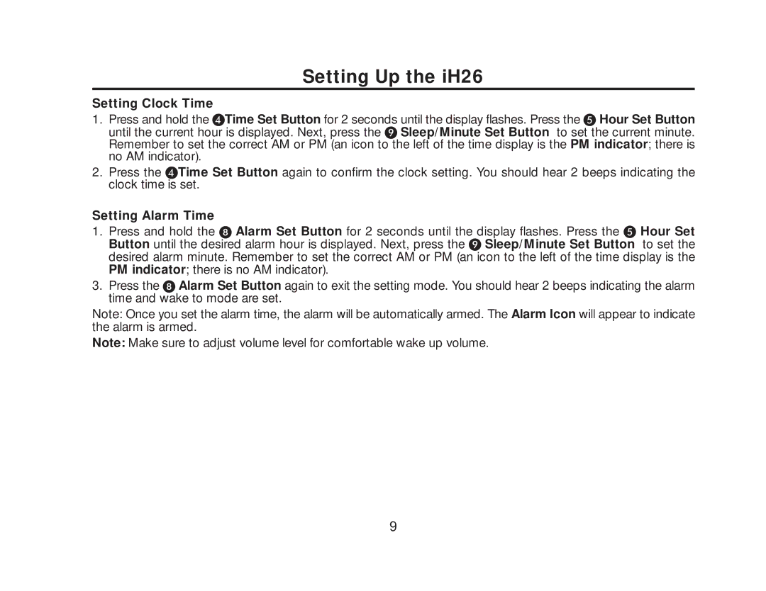 iHome iH 26 manual Setting Up the iH26, Setting Clock Time, Setting Alarm Time 