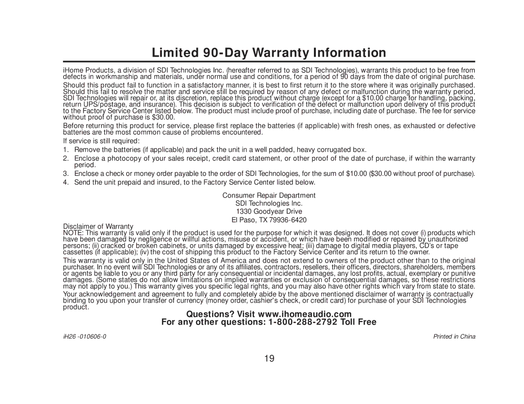 iHome iH 26 manual Limited 90-Day Warranty Information 