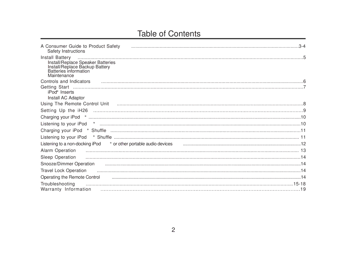 iHome iH 26 manual Table of Contents 