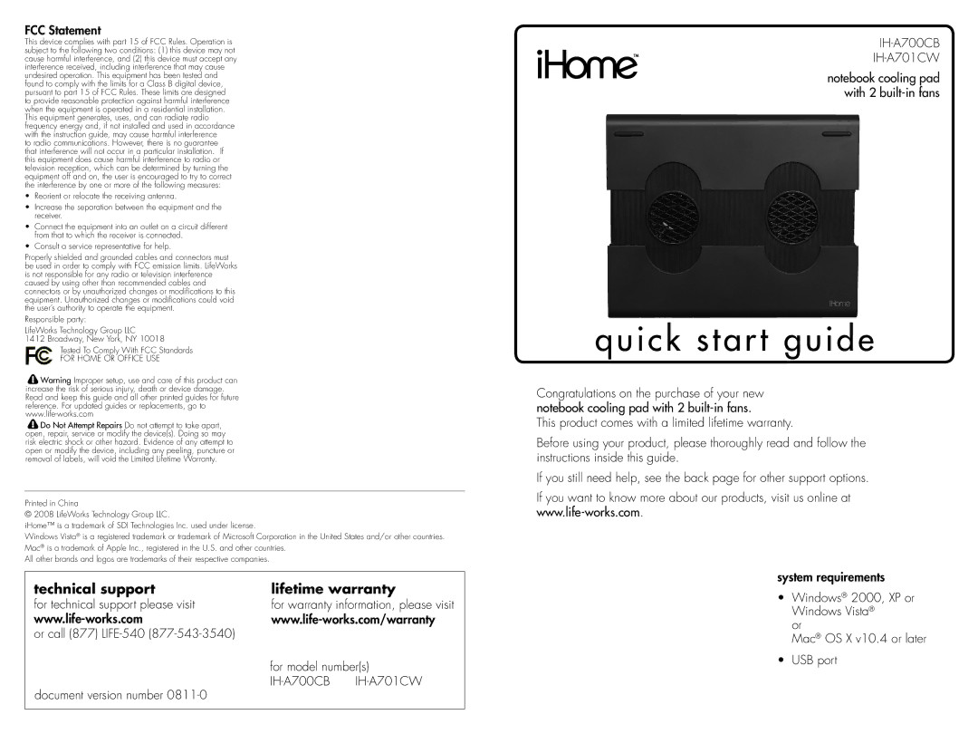 iHome IH-A700CB quick start Quick start guide, Technical support Lifetime warranty, FCC Statement, For Home or Office USE 