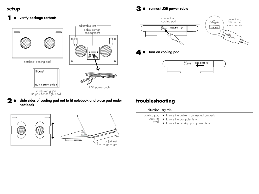 iHome IH-A701CW, IH-A700CB Setup, Troubleshooting, Verify package contents, Connect USB power cable, Turn on cooling pad 