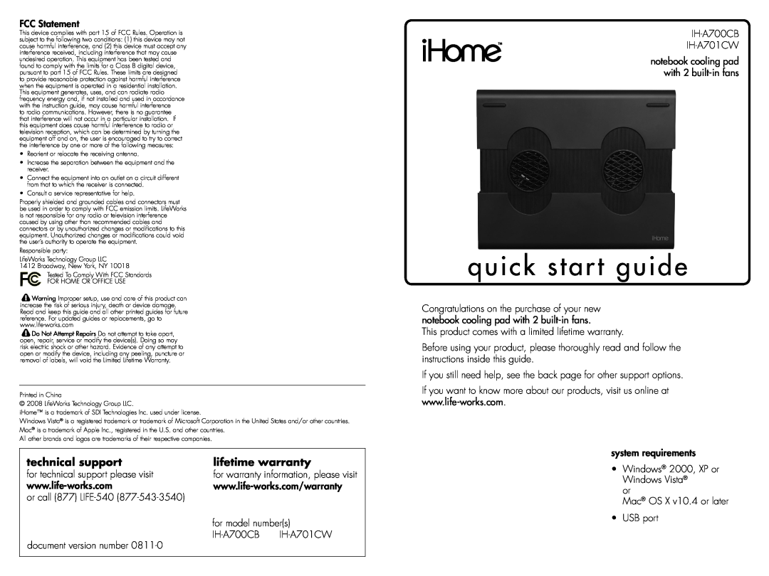 iHome IH-A700CB, IH-A701CW quick start quick start guide, technical support, lifetime warranty 