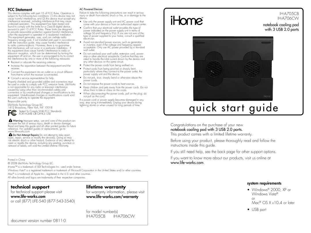 iHome IH-A706CW quick start Quick start guide, Technical support Lifetime warranty, FCC Statement, For Home or Office USE 