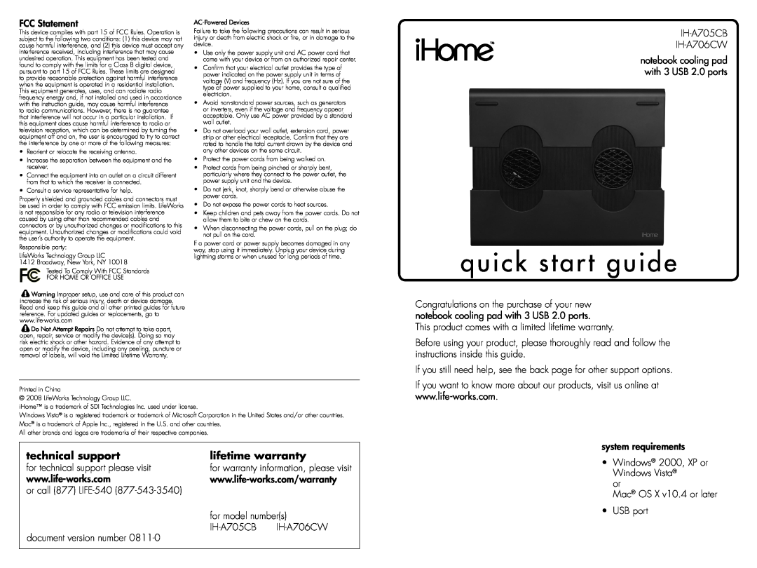 iHome IH-A706CW, IH-A705CB quick start quick start guide, technical support, lifetime warranty 