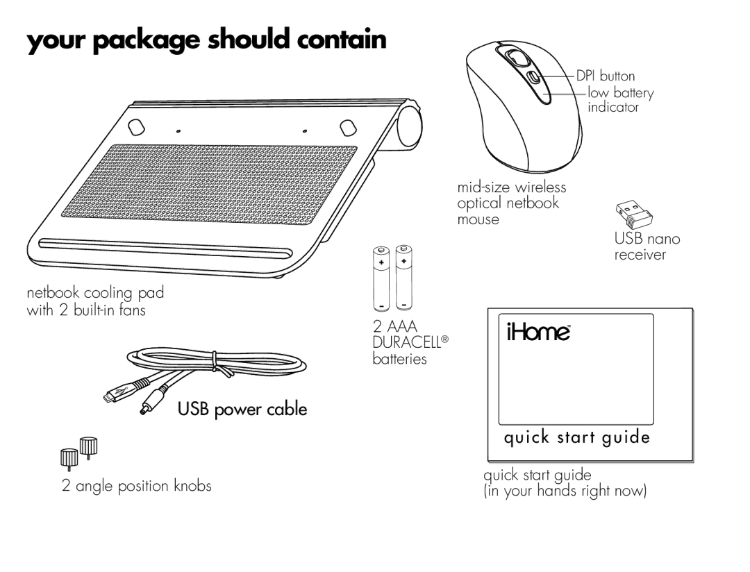 iHome IH-B931NR quick start Your package should contain, USB power cable 