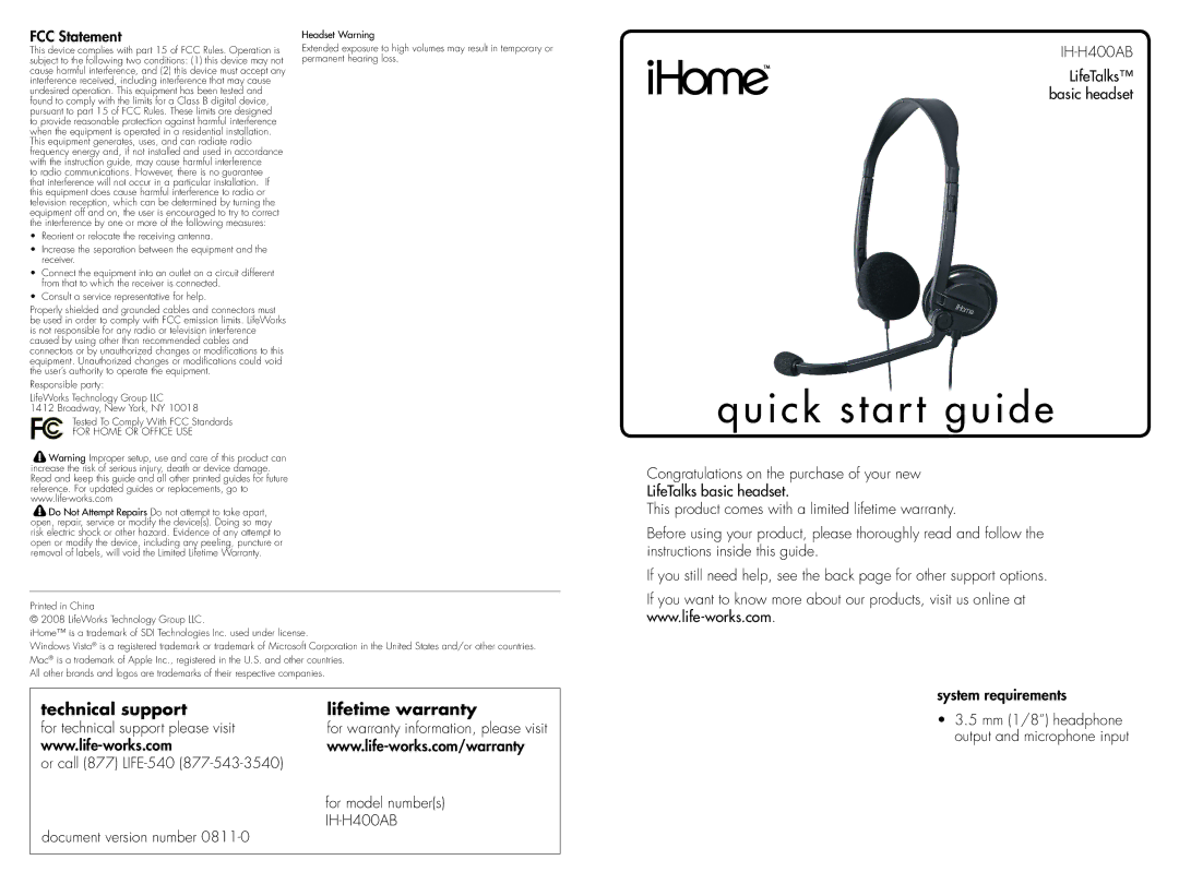 iHome IH-H400AB quick start FCC Statement, Or call 877 LIFE-540 Document version number, System requirements 