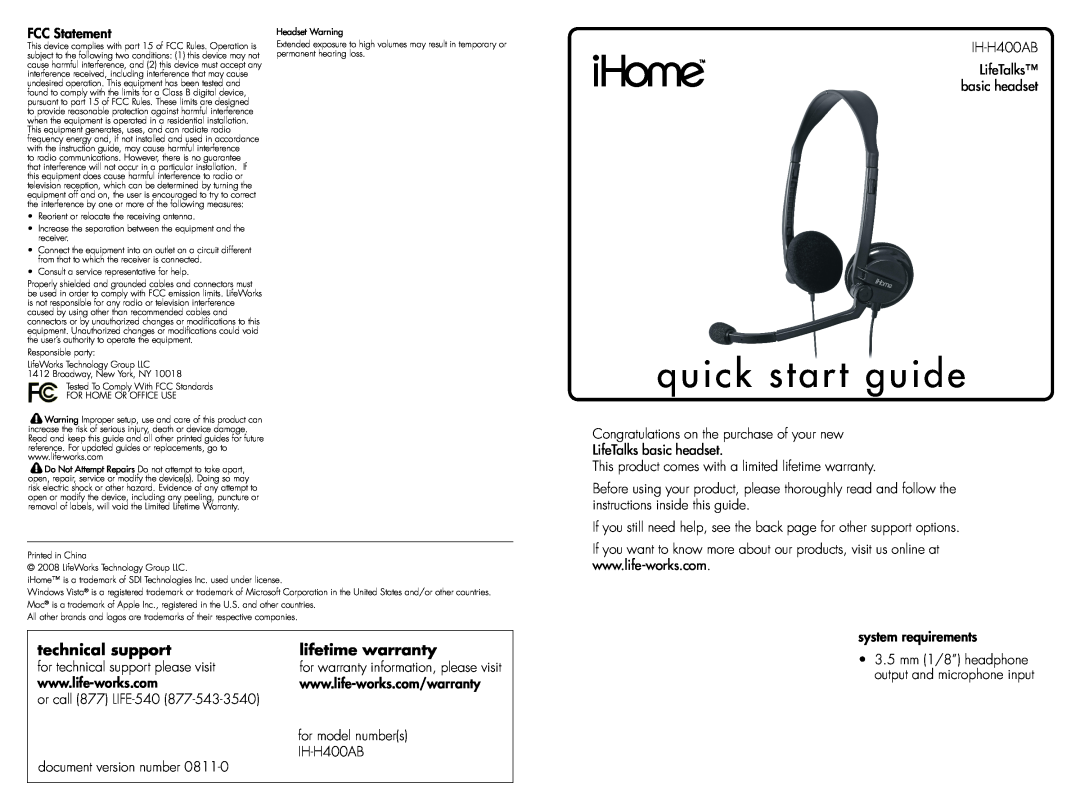 iHome IH-H400AB quick start quick start guide, technical support, lifetime warranty 