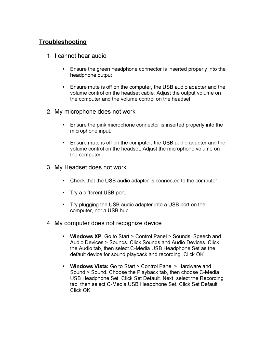 iHome IH-H412US, IH-H410UR manual Troubleshooting, Cannot hear audio, My microphone does not work, My Headset does not work 