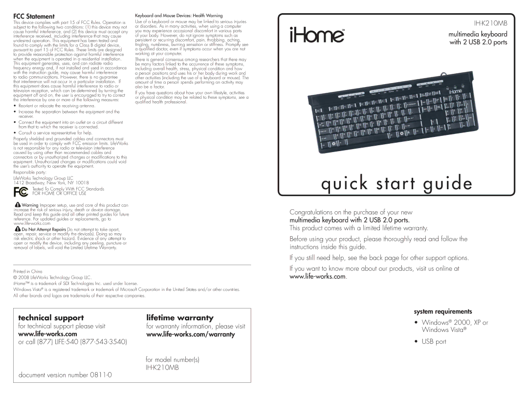 iHome IH-K210MB quick start FCC Statement, Or call 877 LIFE-540 Document version number 