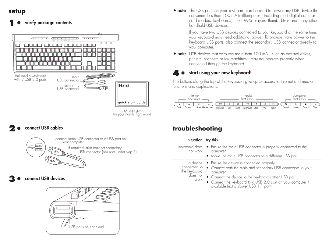 iHome IH-K210MB quick start Setup, Troubleshooting 