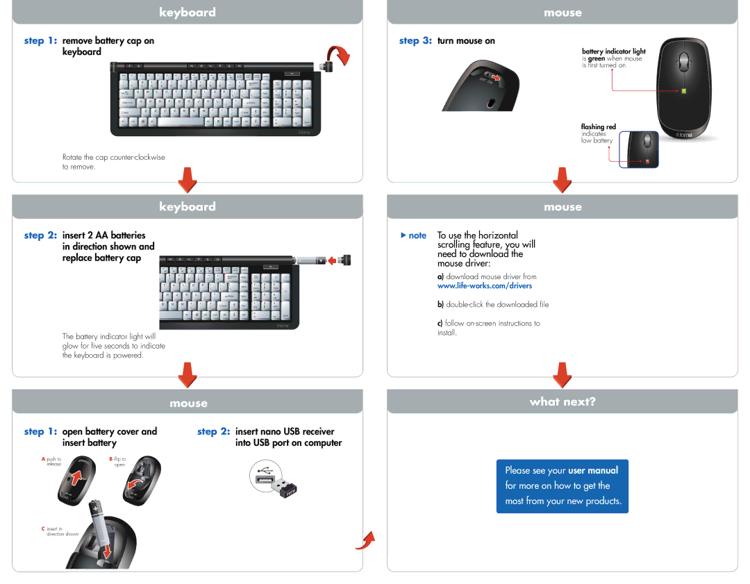 iHome IH-K240LB warranty Keyboard, Mouse, What next? 