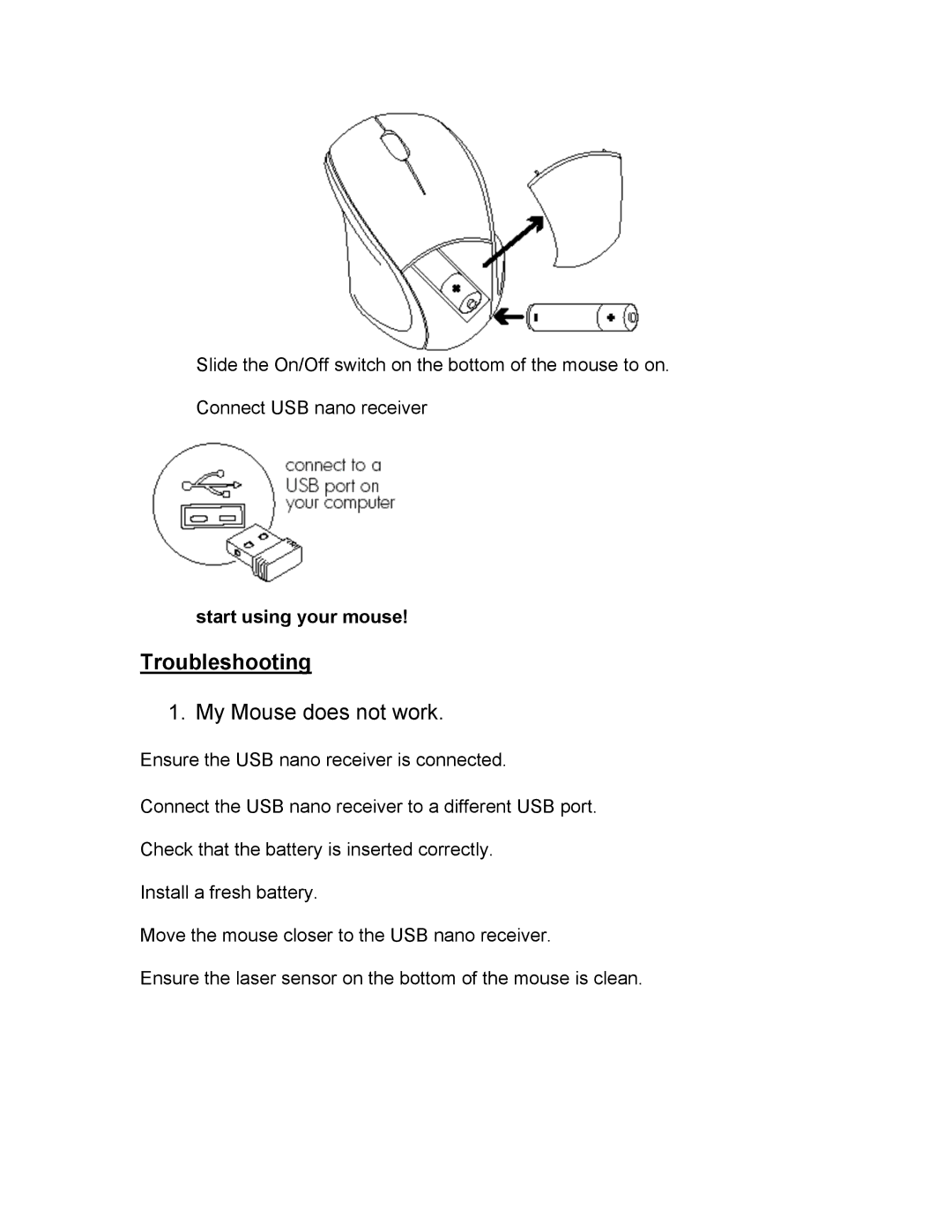 iHome IH-M170ZR, IH-M173ZP, IH-M174ZW, IH-M171ZN manual Troubleshooting, My Mouse does not work 