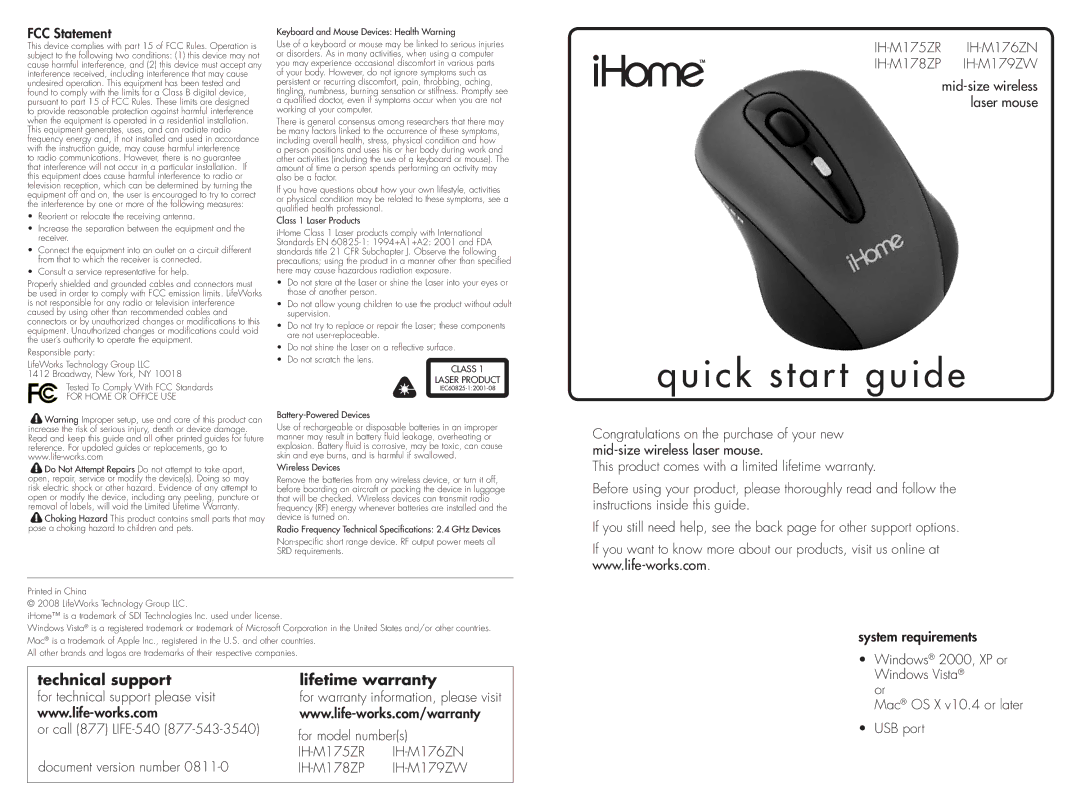 iHome IH-M176ZN, IH-M178ZP, IH-M175ZR, IH-M179ZW quick start For Home or Office USE, Class Laser Product 