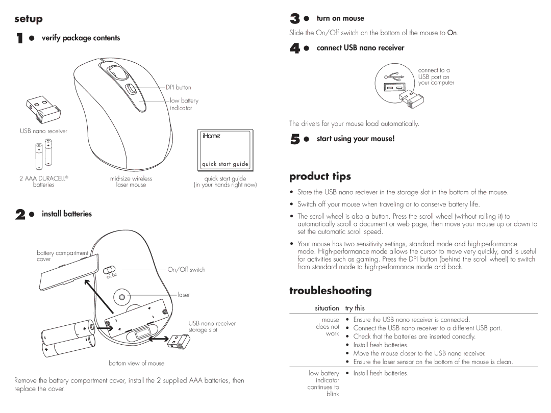 iHome IH-M175ZR, IH-M178ZP, IH-M176ZN, IH-M179ZW quick start Setup, Product tips, Troubleshooting 