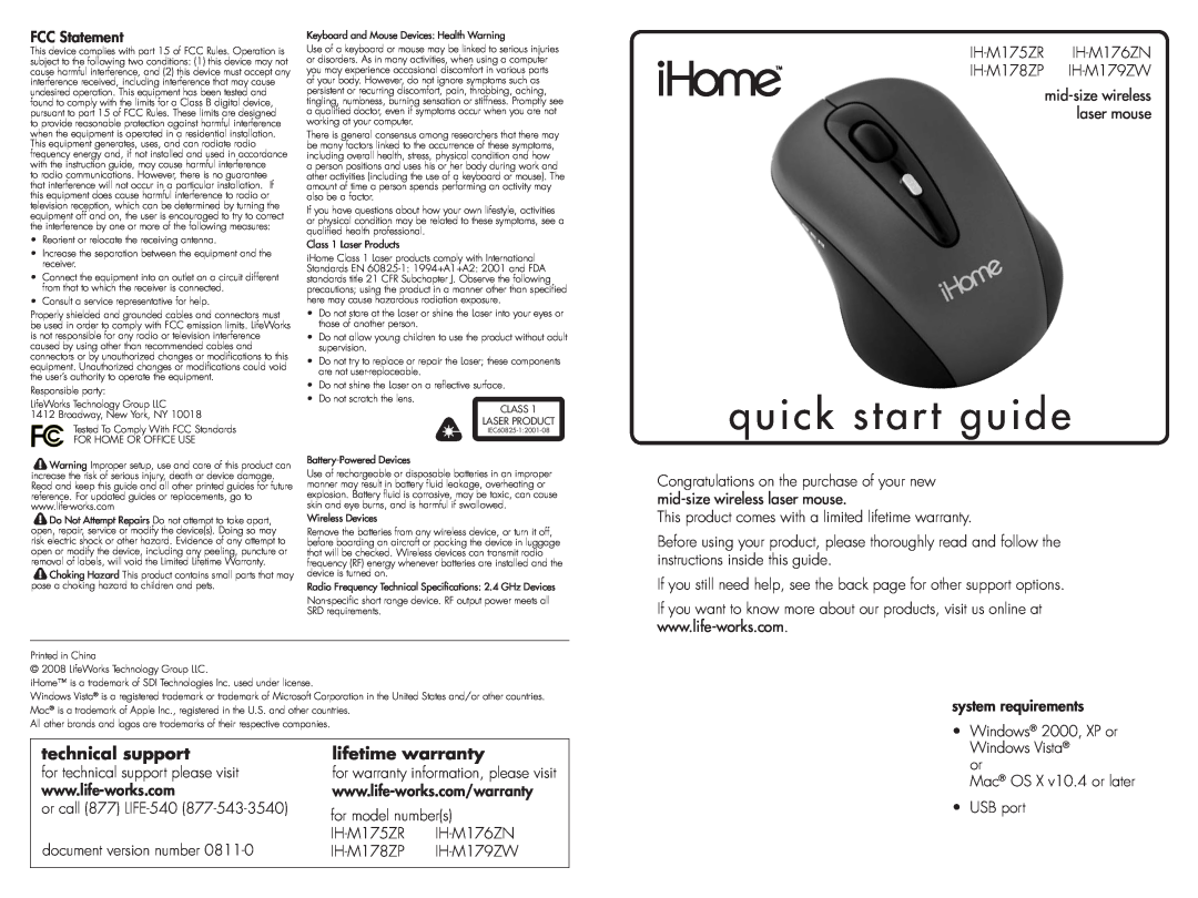 iHome IH-M176ZN, IH-M178ZP, IH-M175ZR, IH-M179ZW quick start quick start guide, technical support, lifetime warranty 