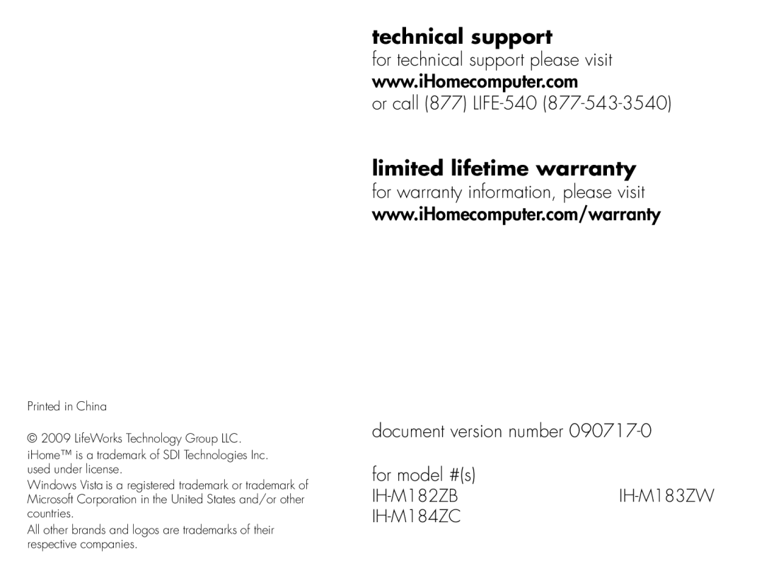 iHome IH-M183ZW, IH-M184ZC, IH-M182ZB quick start Technical support 