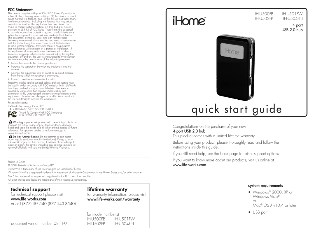 iHome IH-U502FP quick start Quick start guide, Technical support Lifetime warranty, FCC Statement, For Home or Office USE 