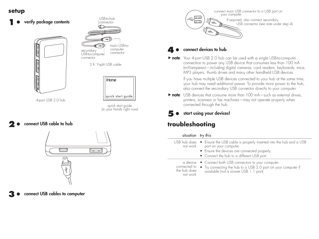 iHome IH-U501FW, IH-U500FB, IH-U502FP, IH-U504FN quick start Setup, Troubleshooting 