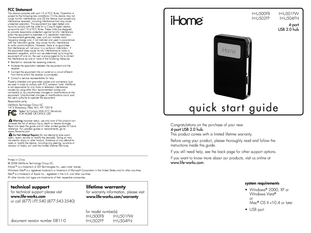 iHome IH-U502FP, IH-U500FB, IH-U501FW, IH-U504FN quick start quick start guide, technical support, lifetime warranty 